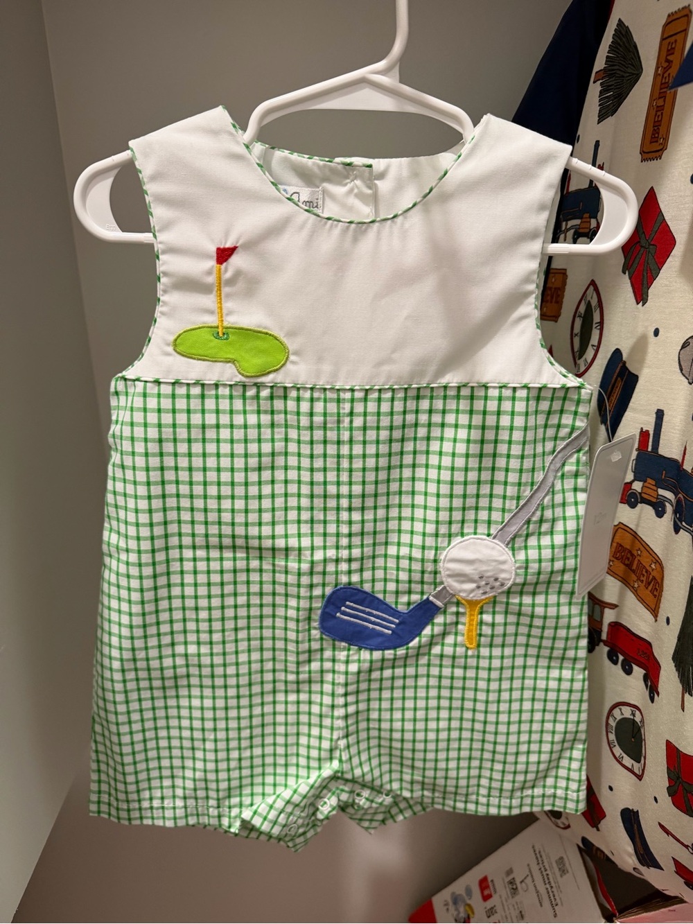 Petit Ami Green and White Golf Applique Baby One-Piece